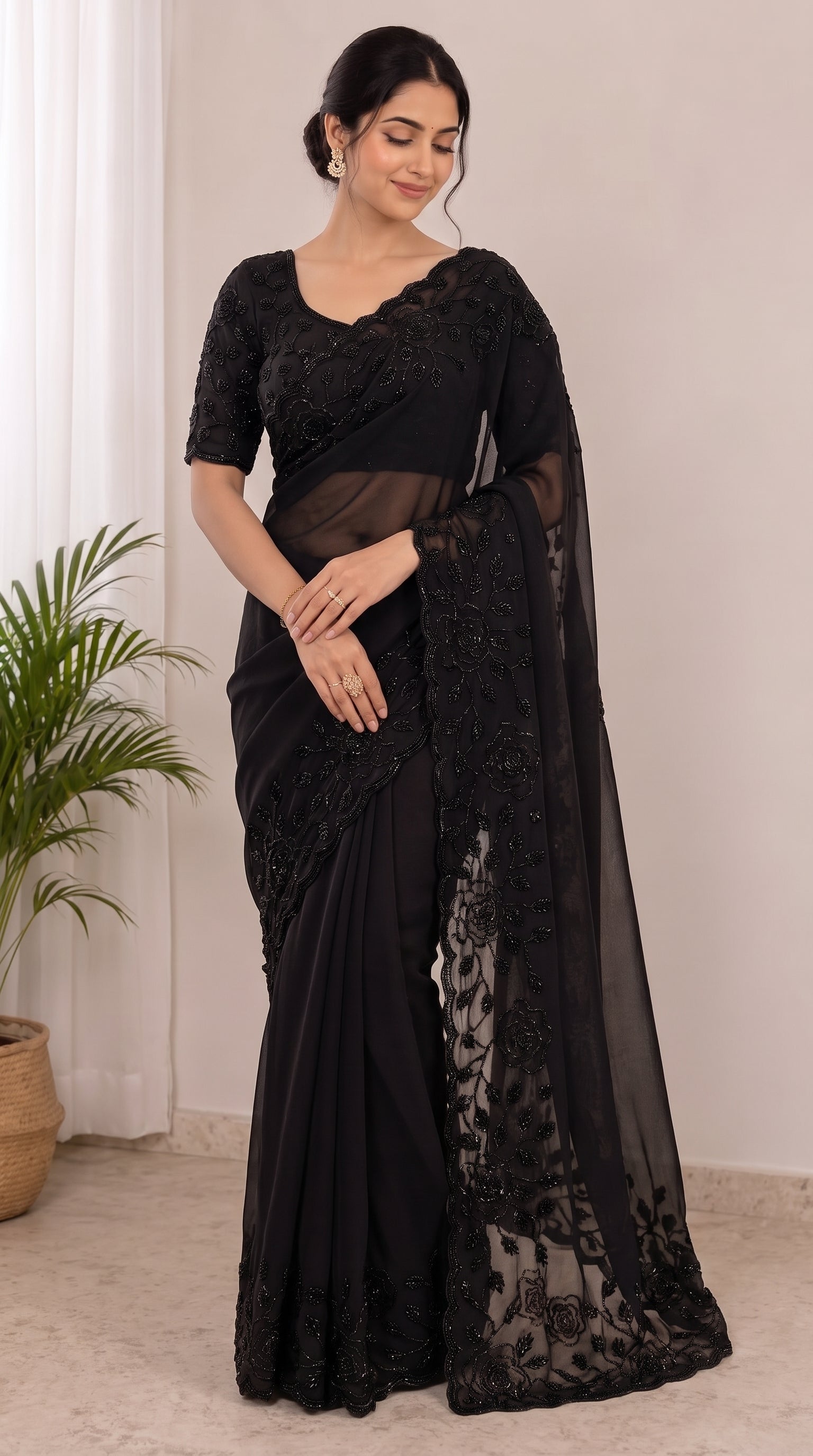 Designer Fox Georgette Saree with Black Beads Work