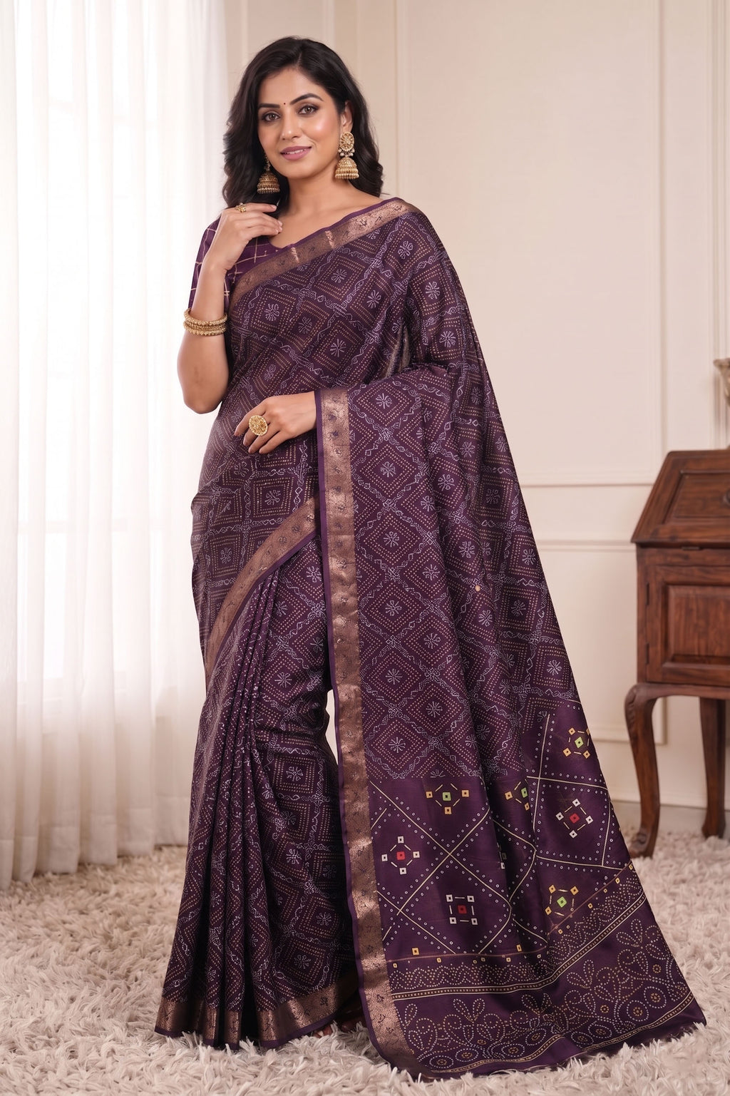 Bandhani Print Soft Silk Blend Saree with Rich Golden Zari Border