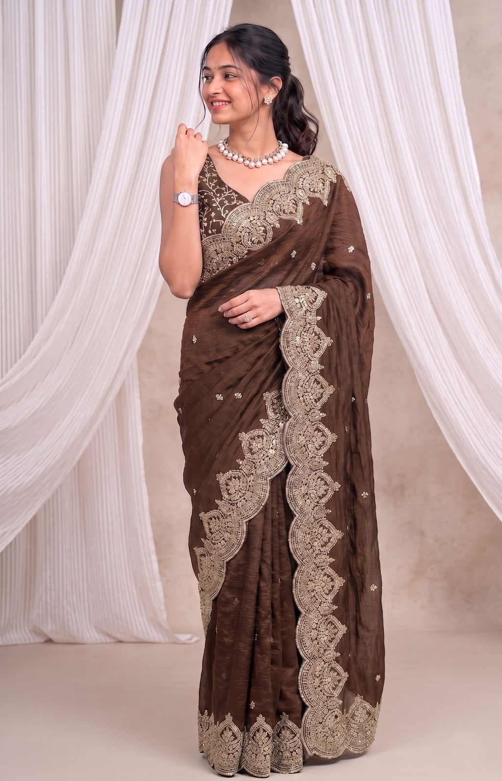 Premium Fandy Chiffon Saree with Sequins Zari Work