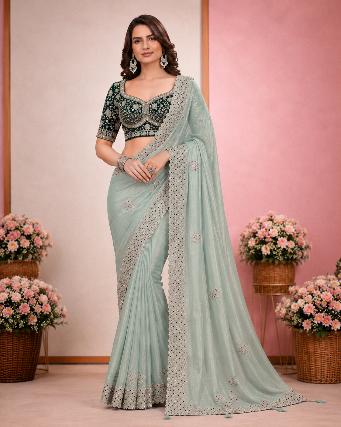 Elegant Satin Embroidered Saree with Sequins Border Secondary image