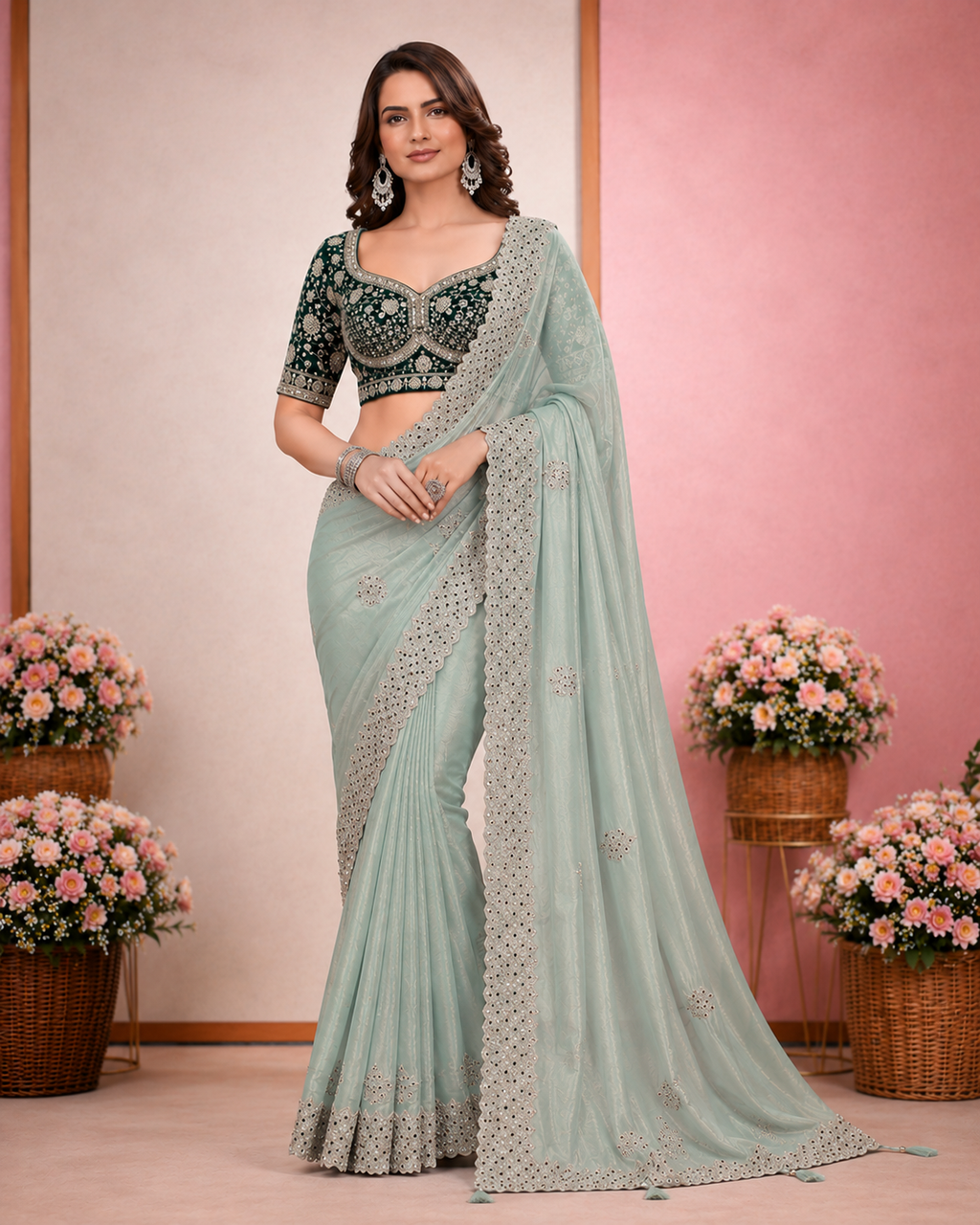 Elegant Satin Embroidered Saree with Sequins Border