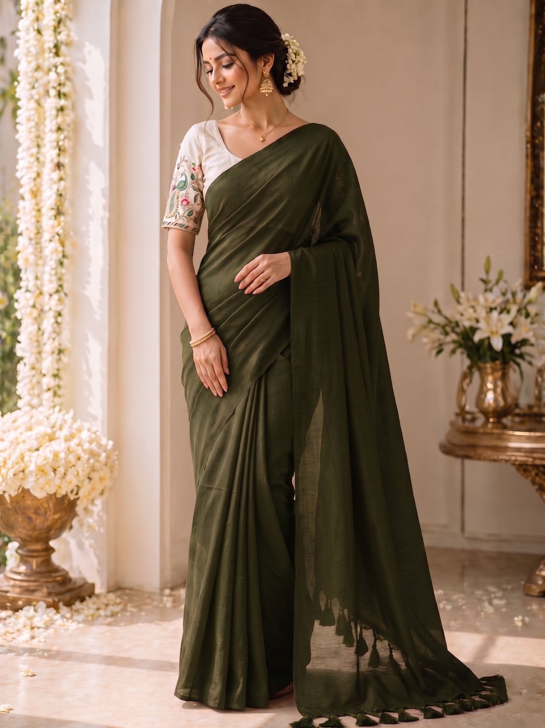 Khadi Cotton Saree with Embroidered Padded Blouse