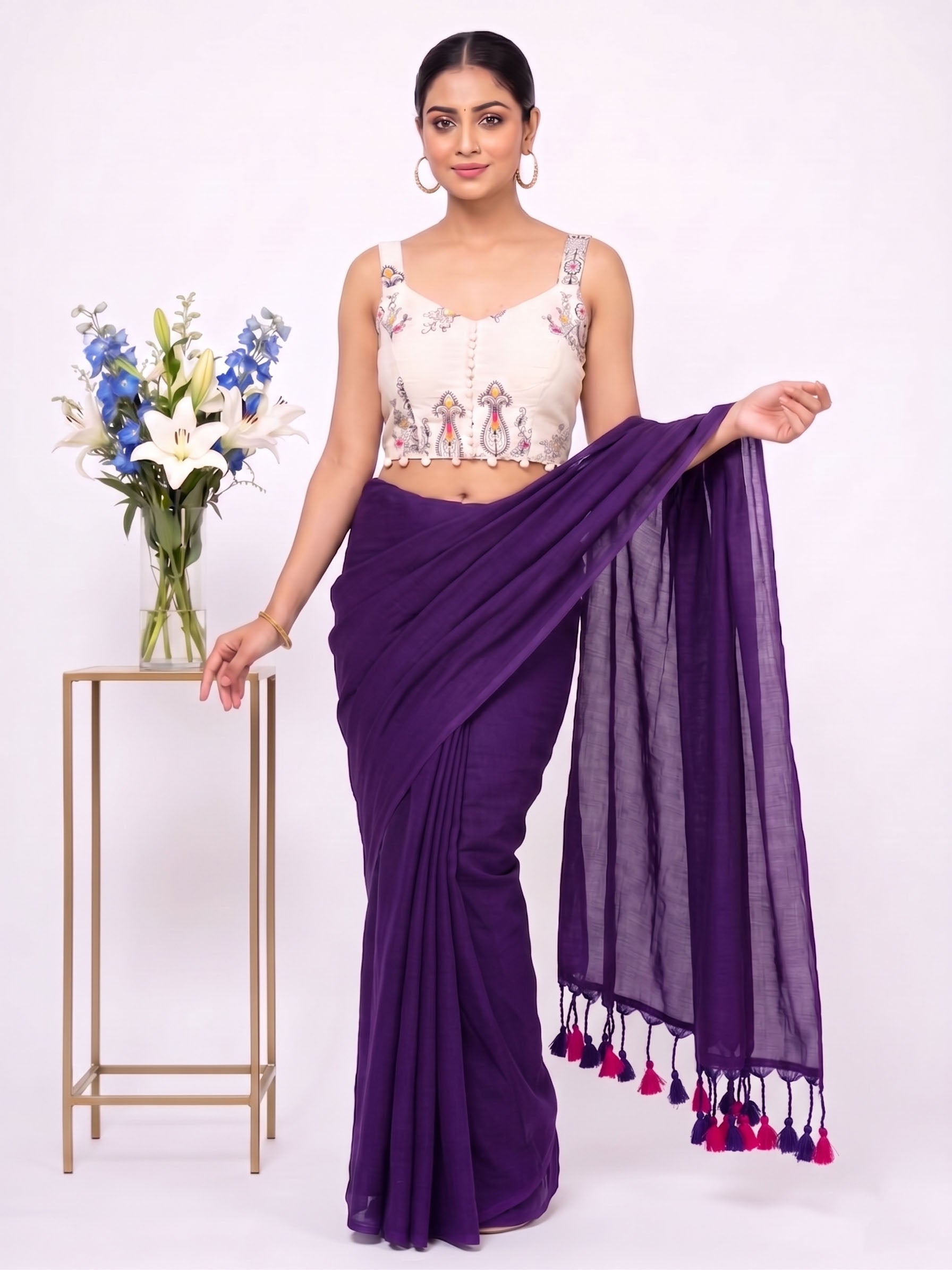 Khadi Cotton Saree with Designer Embroidered Sleeveless Blouse Secondary image