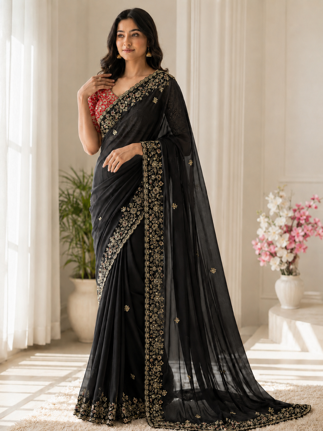 Fandy Satin C-Pallu Saree and Designer Stitched Blouse
