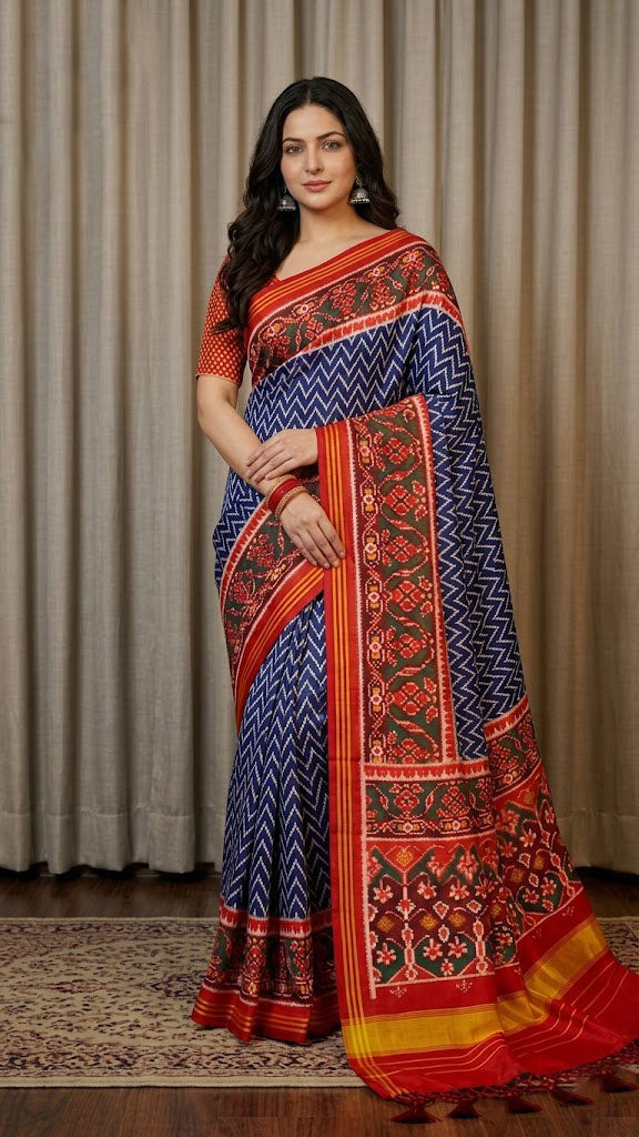 Handloom Silk Patola Saree with Lagadi Patta Border
