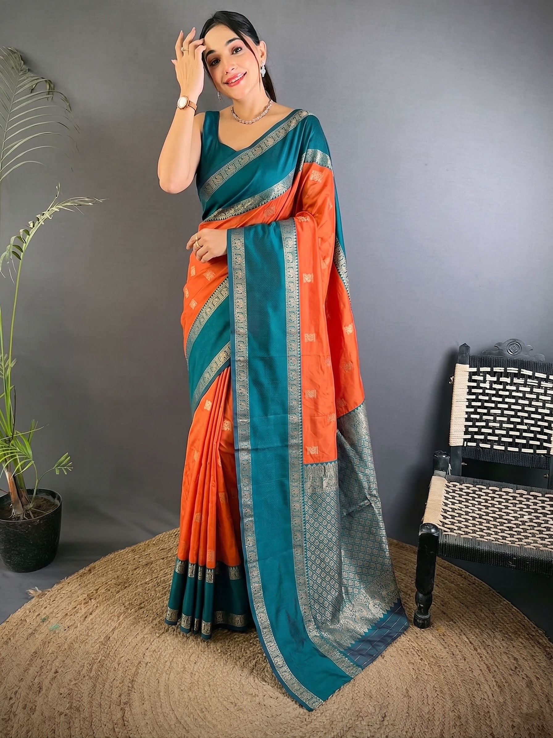 Soft Silk Kanjivaram Saree with Copper Zari Weaving Secondary image