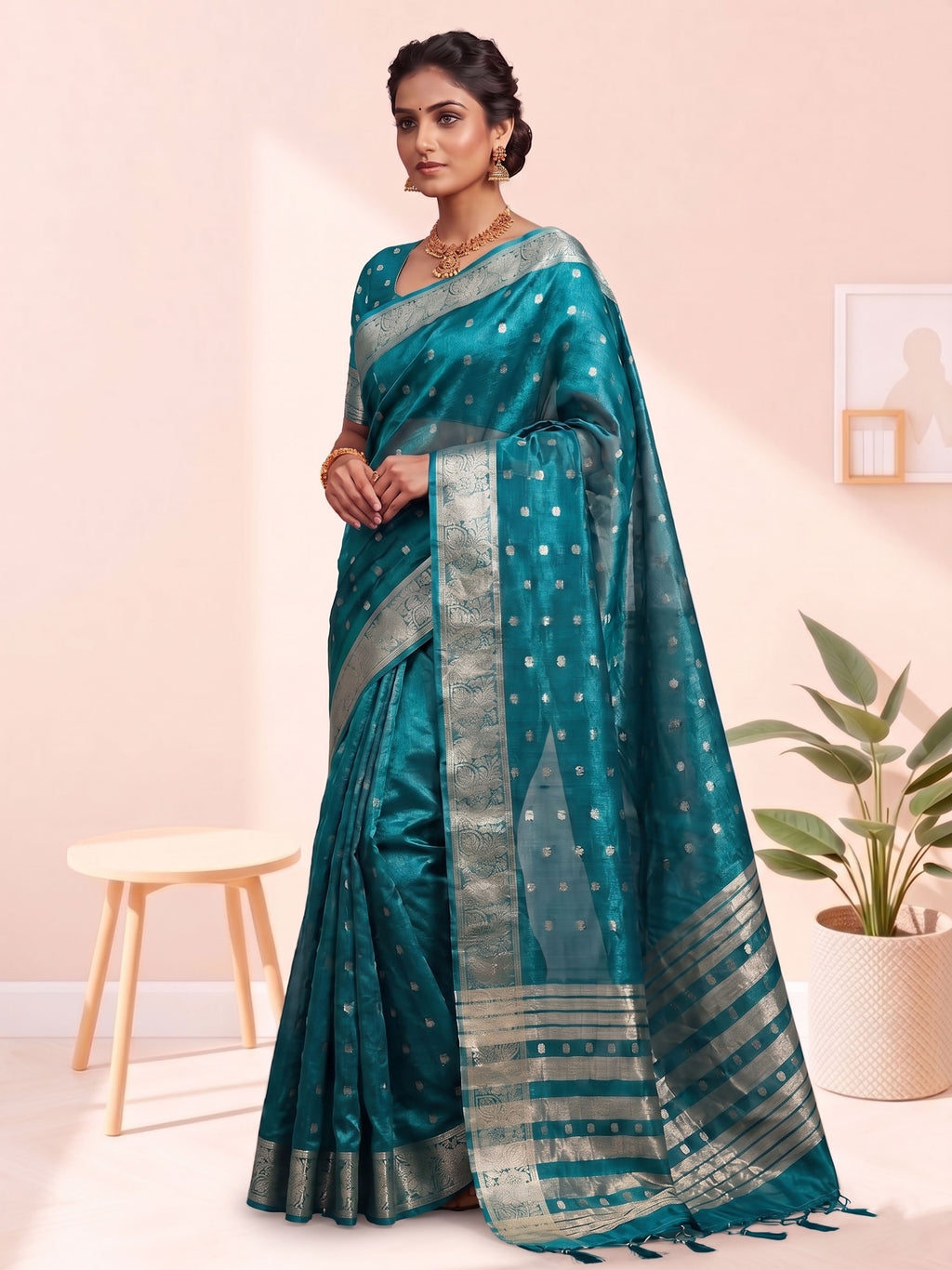 Golden Butti Khadi Shimmer Saree