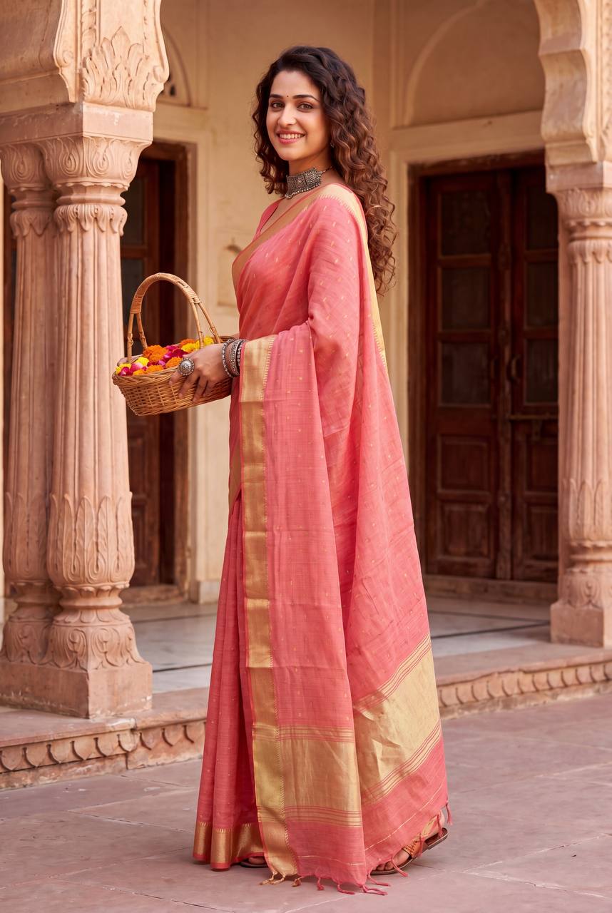 Gold Zari Linen Cotton Silk Saree