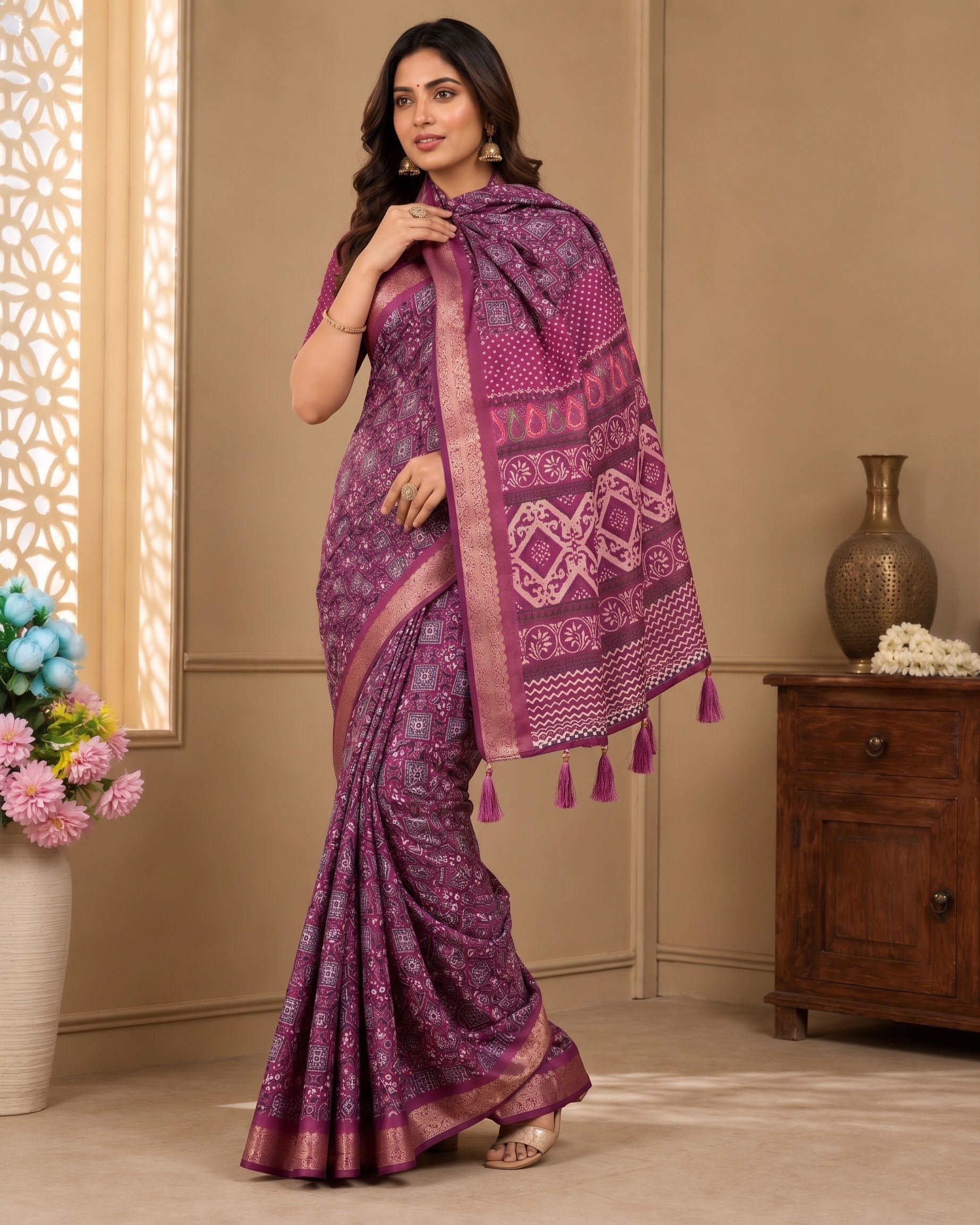 Premium Ajrakh Print Silk Blend Saree