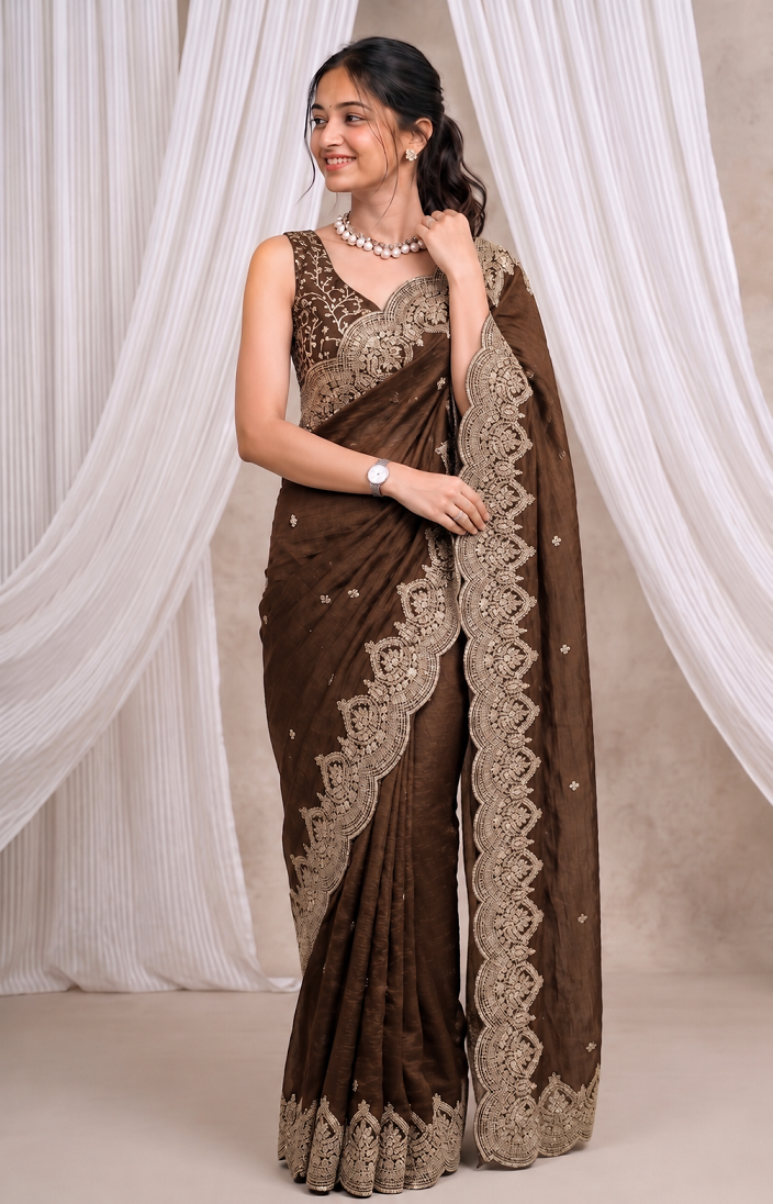 Premium Fandy Chiffon Saree with Sequins Zari Work