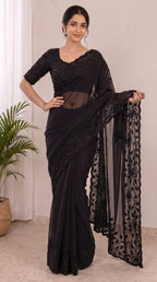 Designer Fox Georgette Saree with Black Beads Work