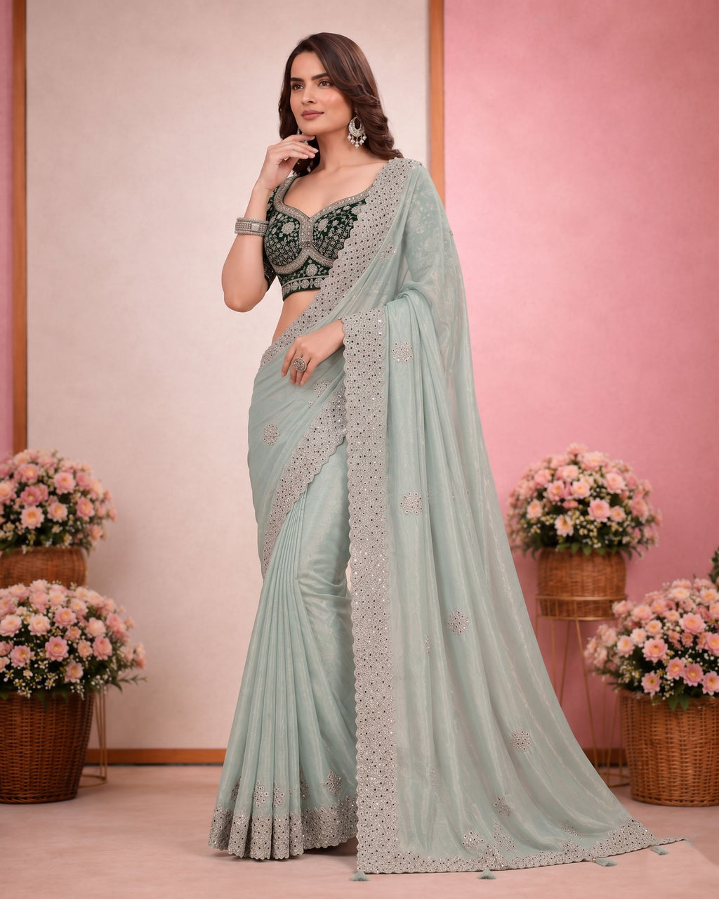 Elegant Satin Embroidered Saree with Sequins Border
