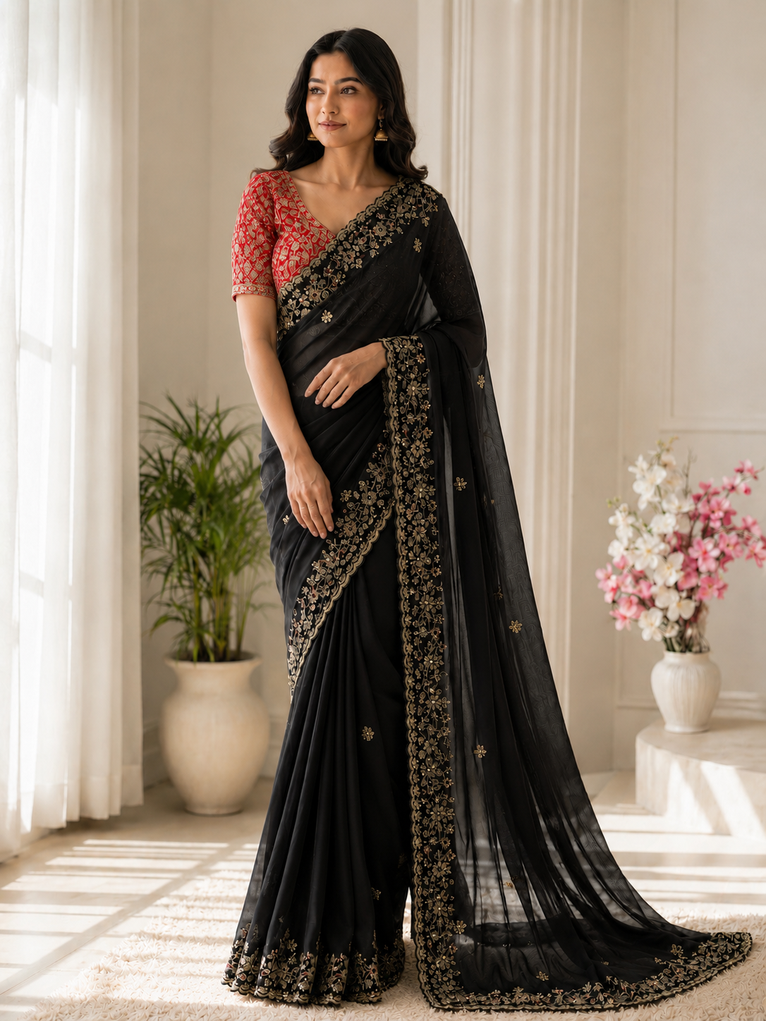 Fandy Satin C-Pallu Saree and Designer Stitched Blouse