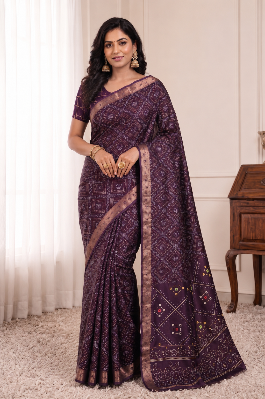 Bandhani Print Soft Silk Blend Saree with Rich Golden Zari Border