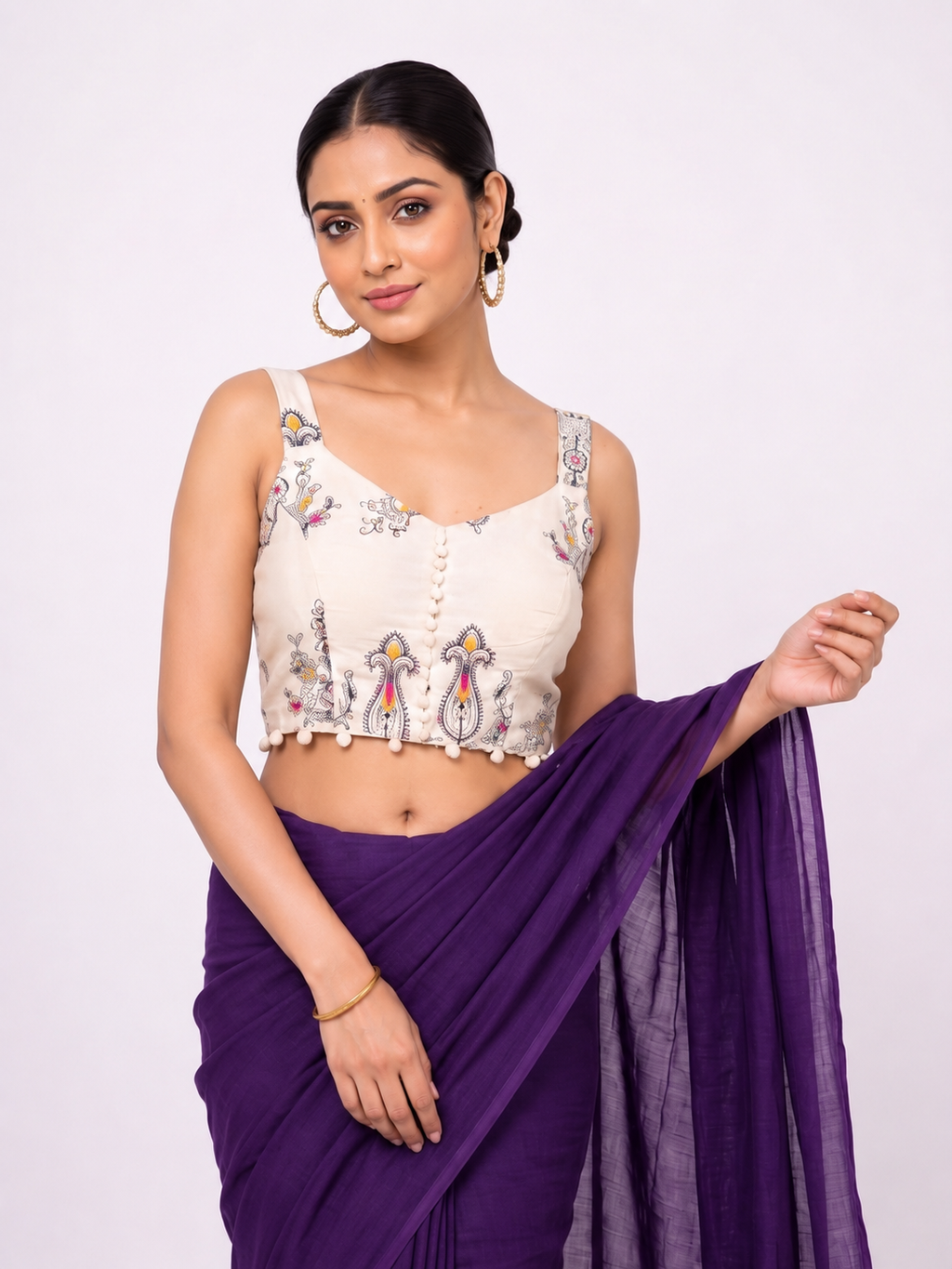 Khadi Cotton Saree with Designer Embroidered Sleeveless Blouse