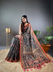 Preferable Cotton Kalamkari Prints Green Color Saree