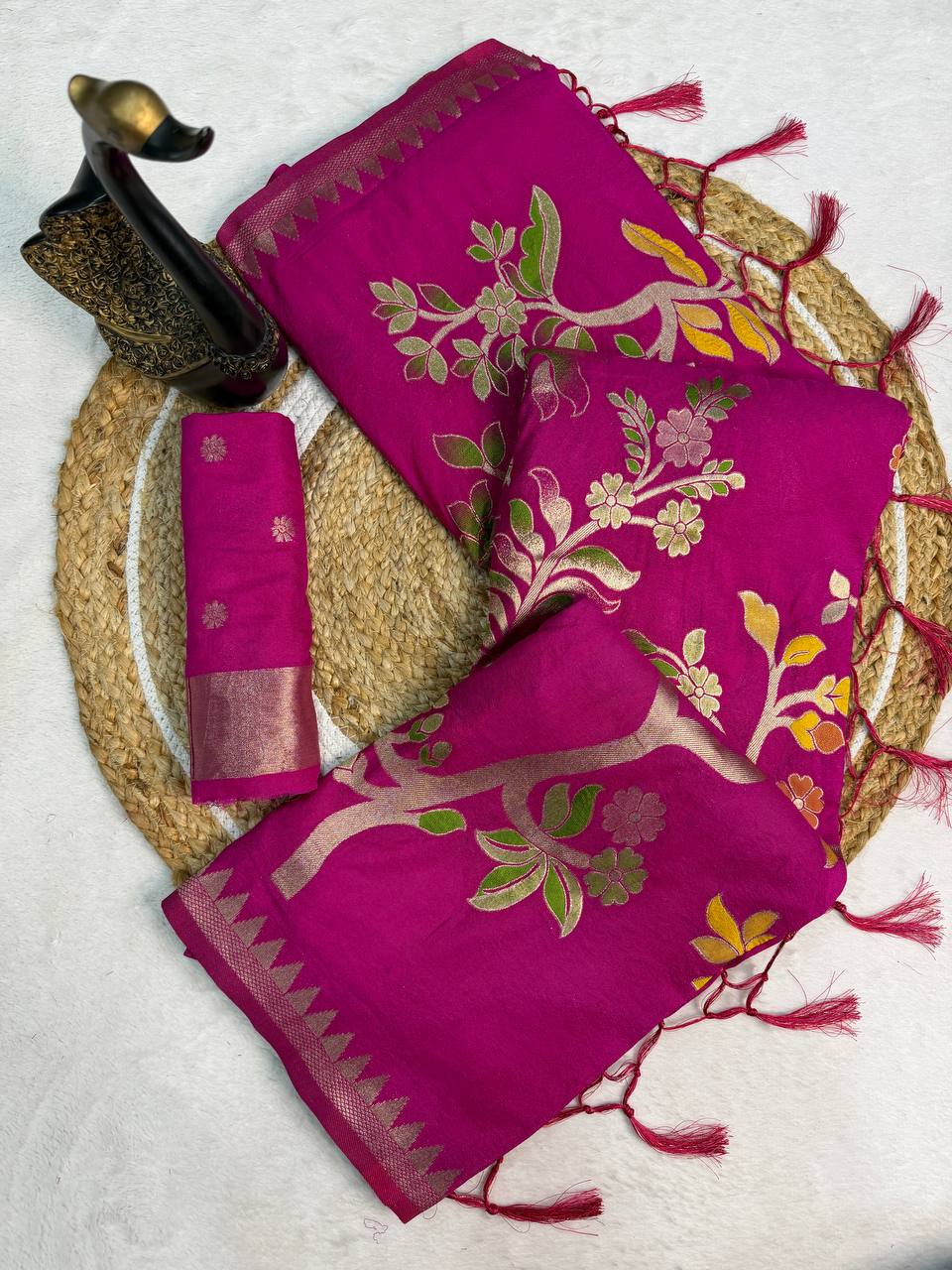 Hand Dyed Khadi Crepe Silk Saree with Bird Motifs