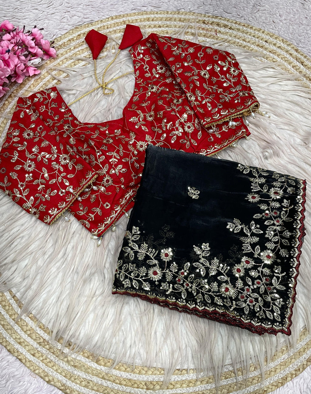 Fandy Satin C-Pallu Saree and Designer Stitched Blouse