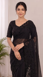 Designer Fox Georgette Saree with Black Beads Work