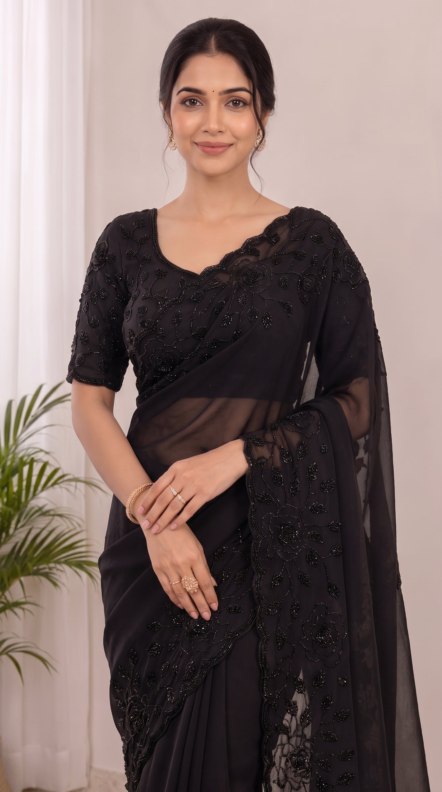 Designer Fox Georgette Saree with Black Beads Work