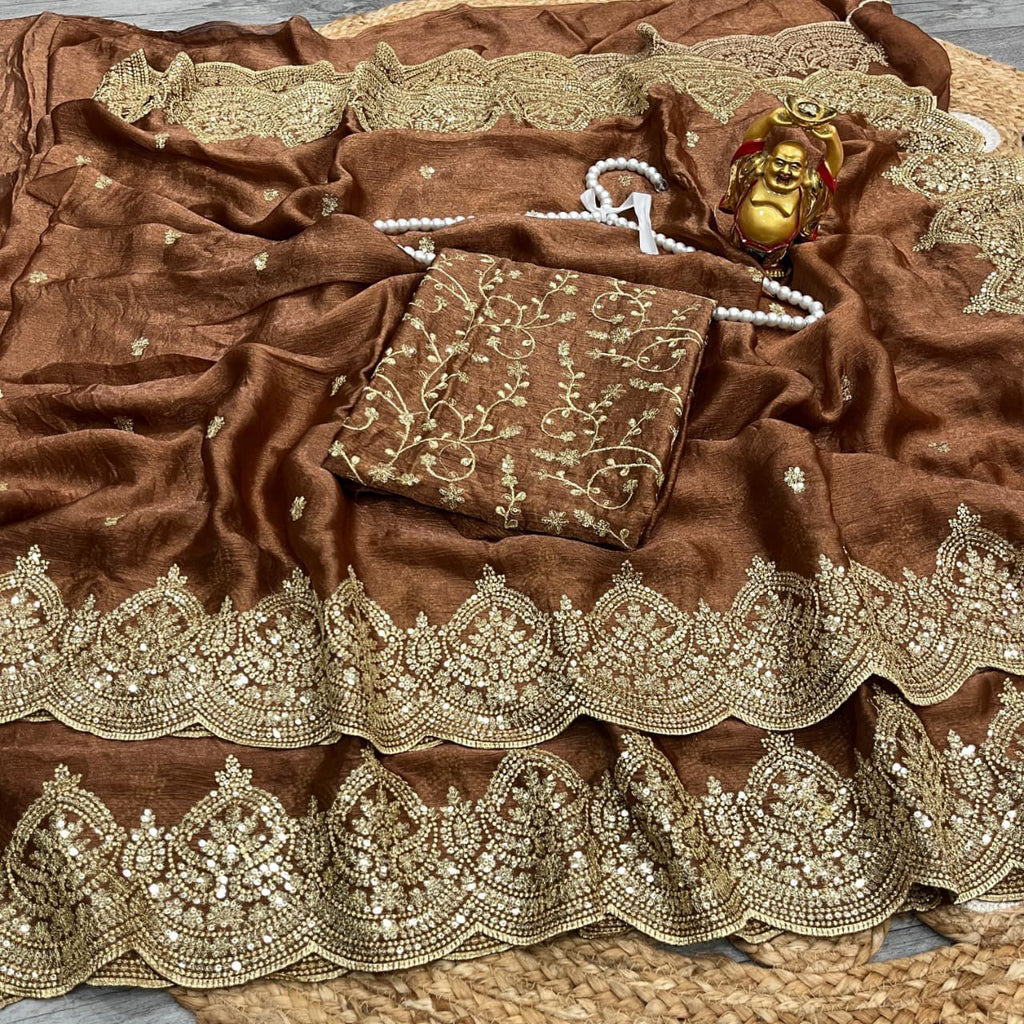 Premium Fandy Chiffon Saree with Sequins Zari Work