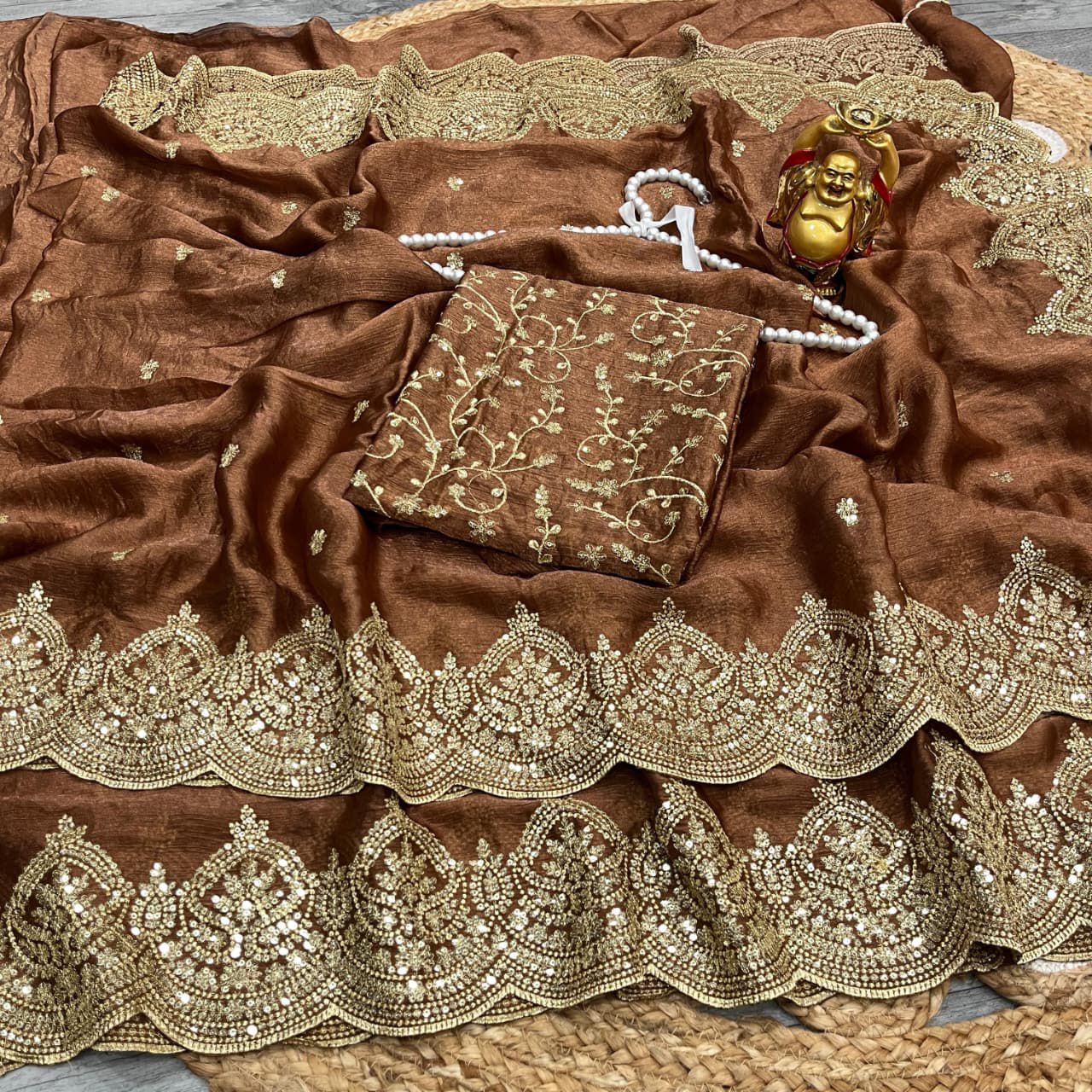 Premium Fandy Chiffon Saree with Sequins Zari Work