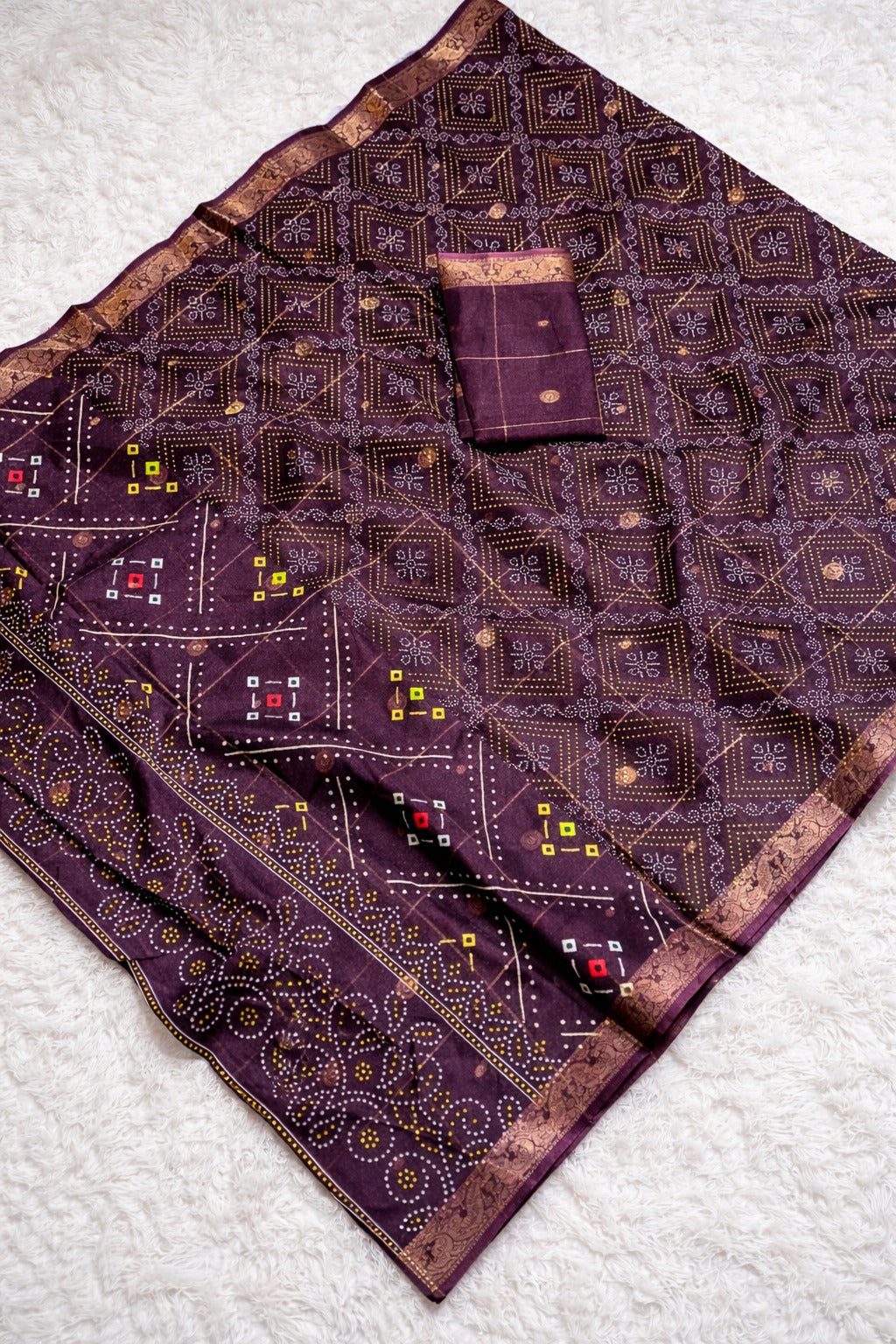Bandhani Print Soft Silk Blend Saree with Rich Golden Zari Border