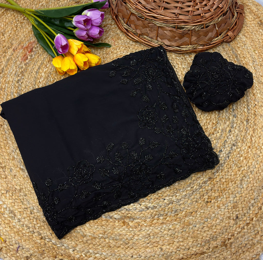 Designer Fox Georgette Saree with Black Beads Work