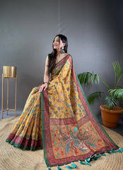 Preferable Cotton Kalamkari Prints Yellow Color Saree