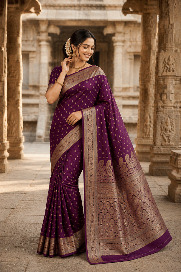 Banarasi Soft Silk Wine Color Golden Zari Buti Saree