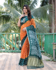 Adorable Bandhej Silk Saree Orange With Green Color Saree