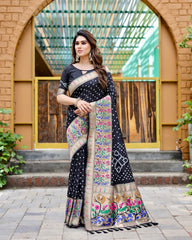 Charming Bandhej Paithani Black Color Silk Saree