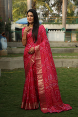 Blissful Kanjivaram Bandhej Pink Color Silk Saree