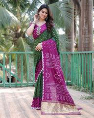 Adorable Bandhej Silk Saree Dark Pink With Green Color Saree