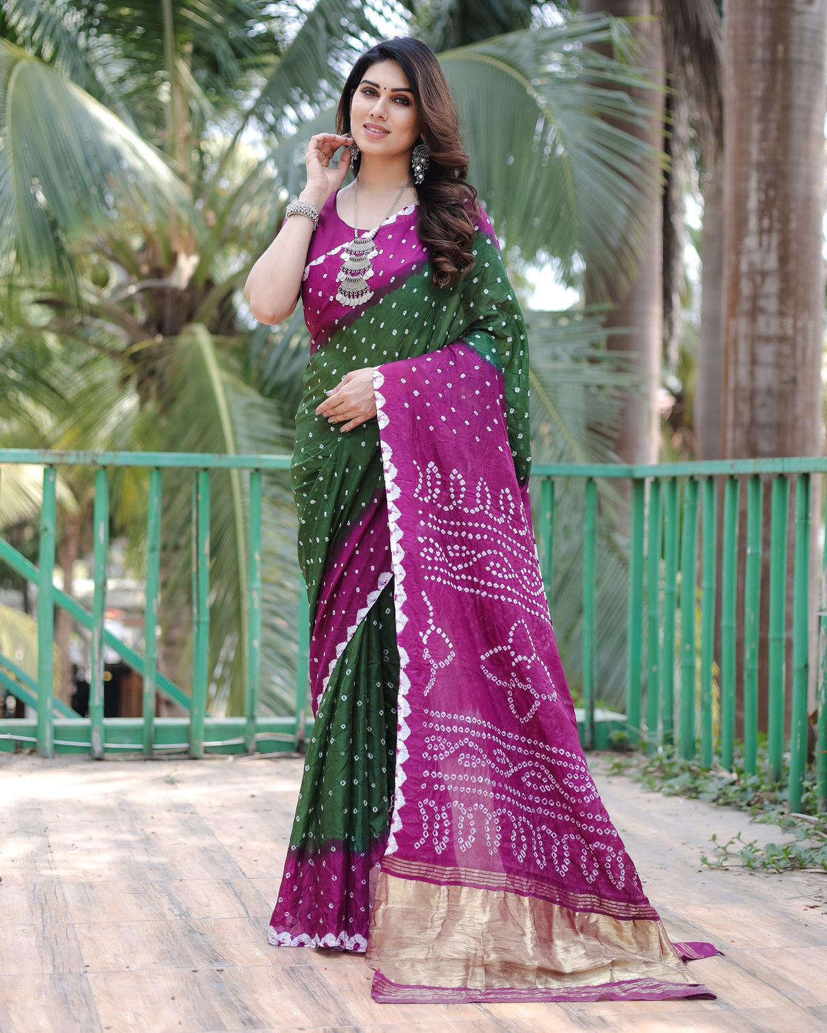 Adorable Bandhej Silk Saree Dark Pink With Green Color Saree