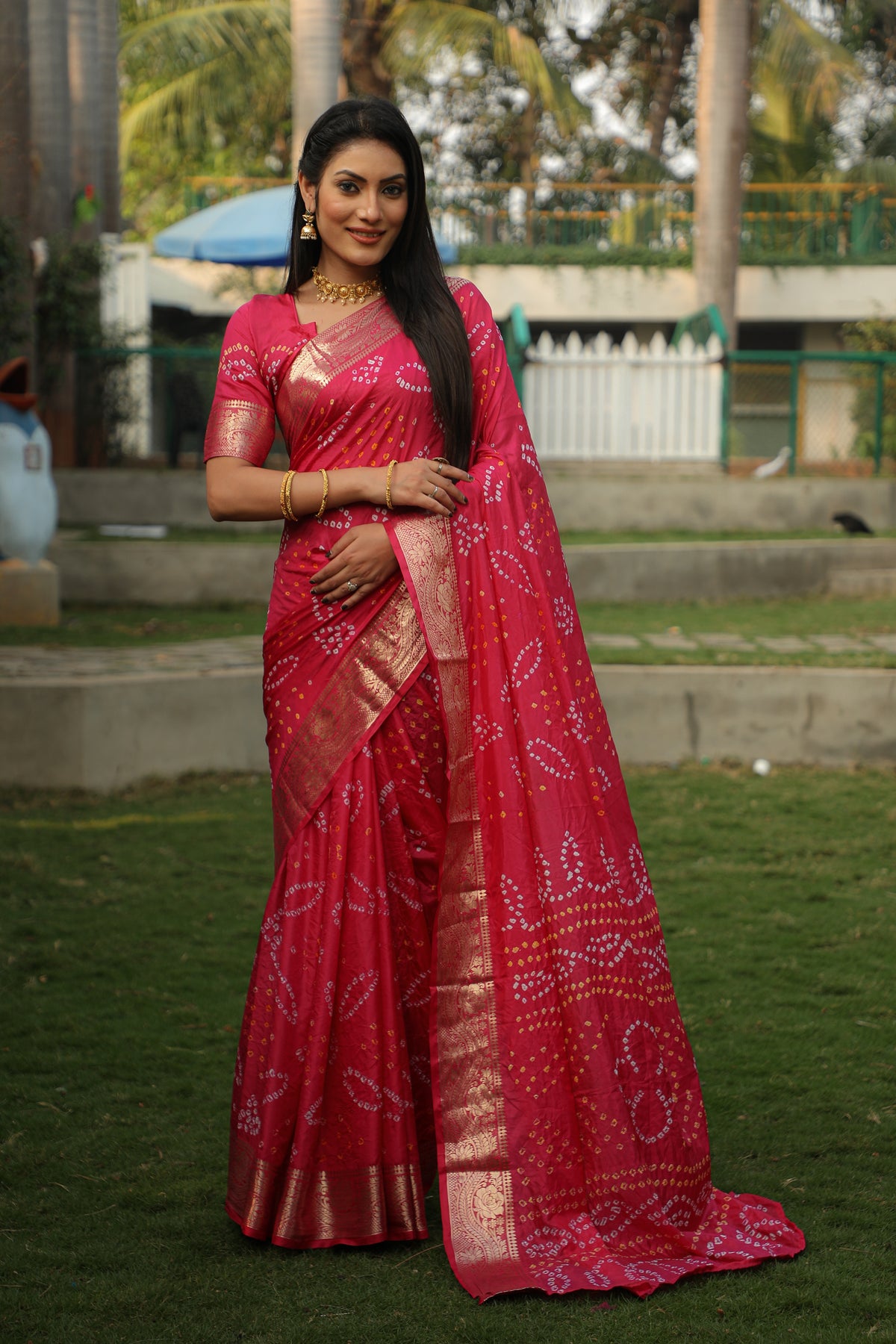 Blissful Kanjivaram Bandhej Pink Color Silk Saree