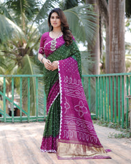 Adorable Bandhej Silk Saree Dark Pink With Green Color Saree