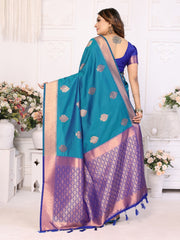 Festive Wear Soft Silk Zari Borders Aqua Blue Color Saree
