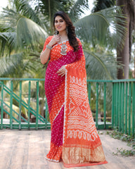 Adorable Bandhej Silk Saree Pink With Orange Color Saree