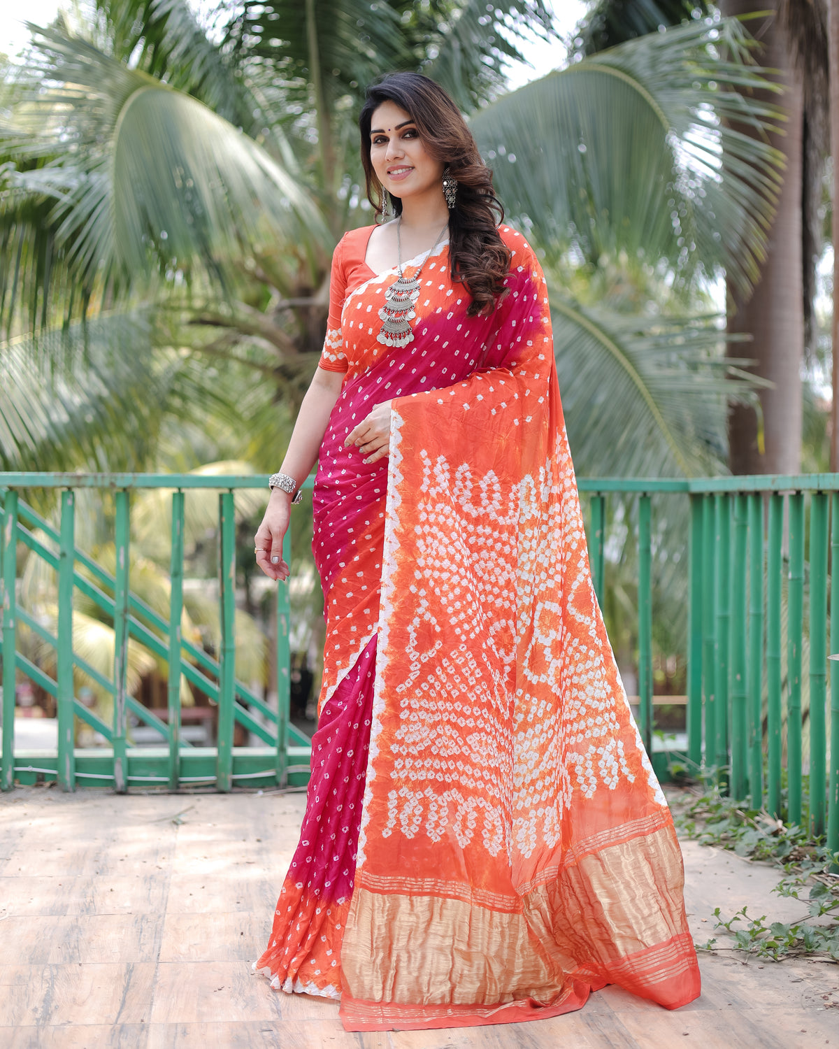 Adorable Bandhej Silk Saree Pink With Orange Color Saree