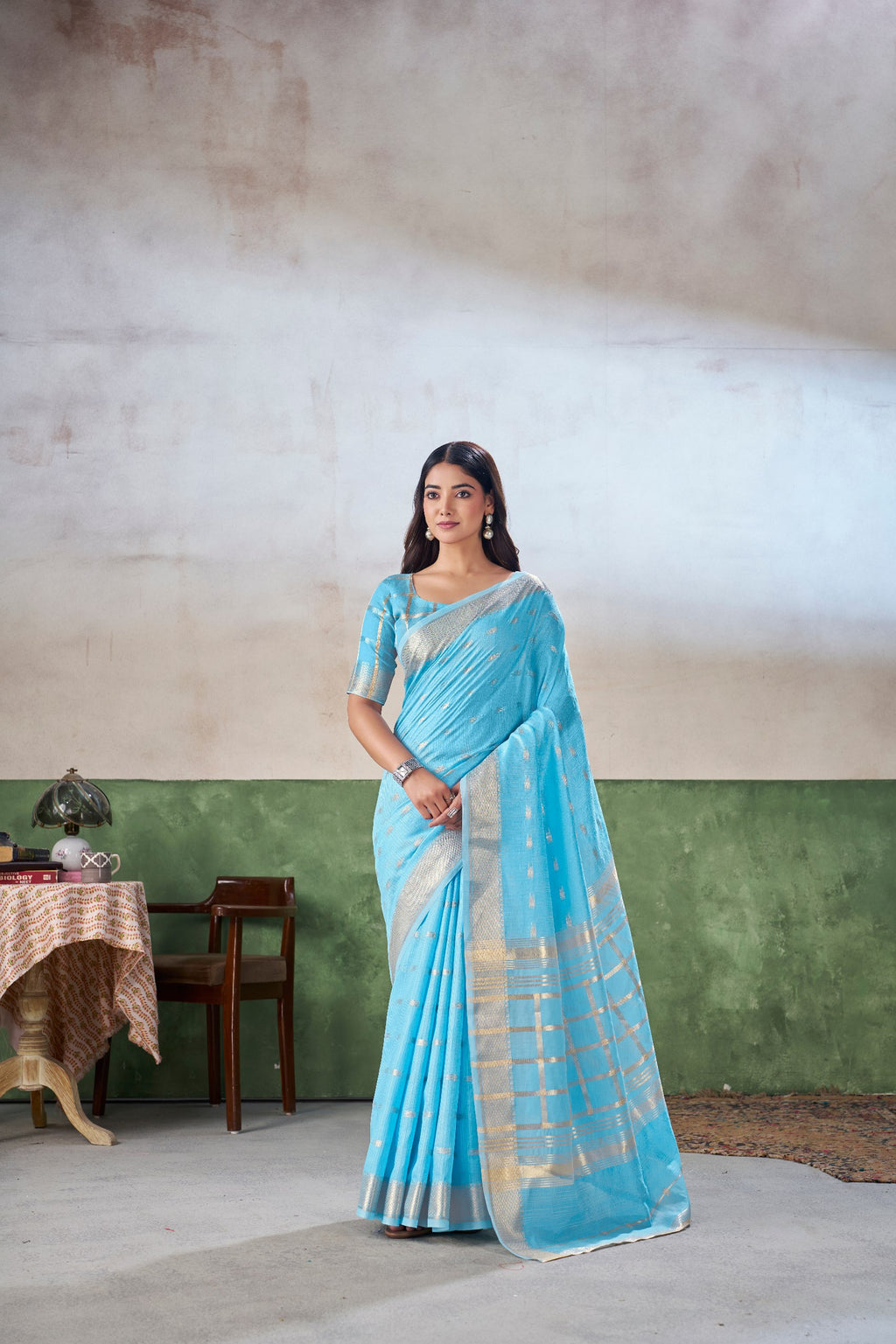 Party Wear Gold Zari Soft Linen Cotton Silk Saree