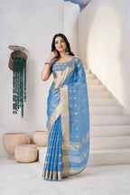 Soft Linen Cotton Silk Saree with Gold Zari Weaving