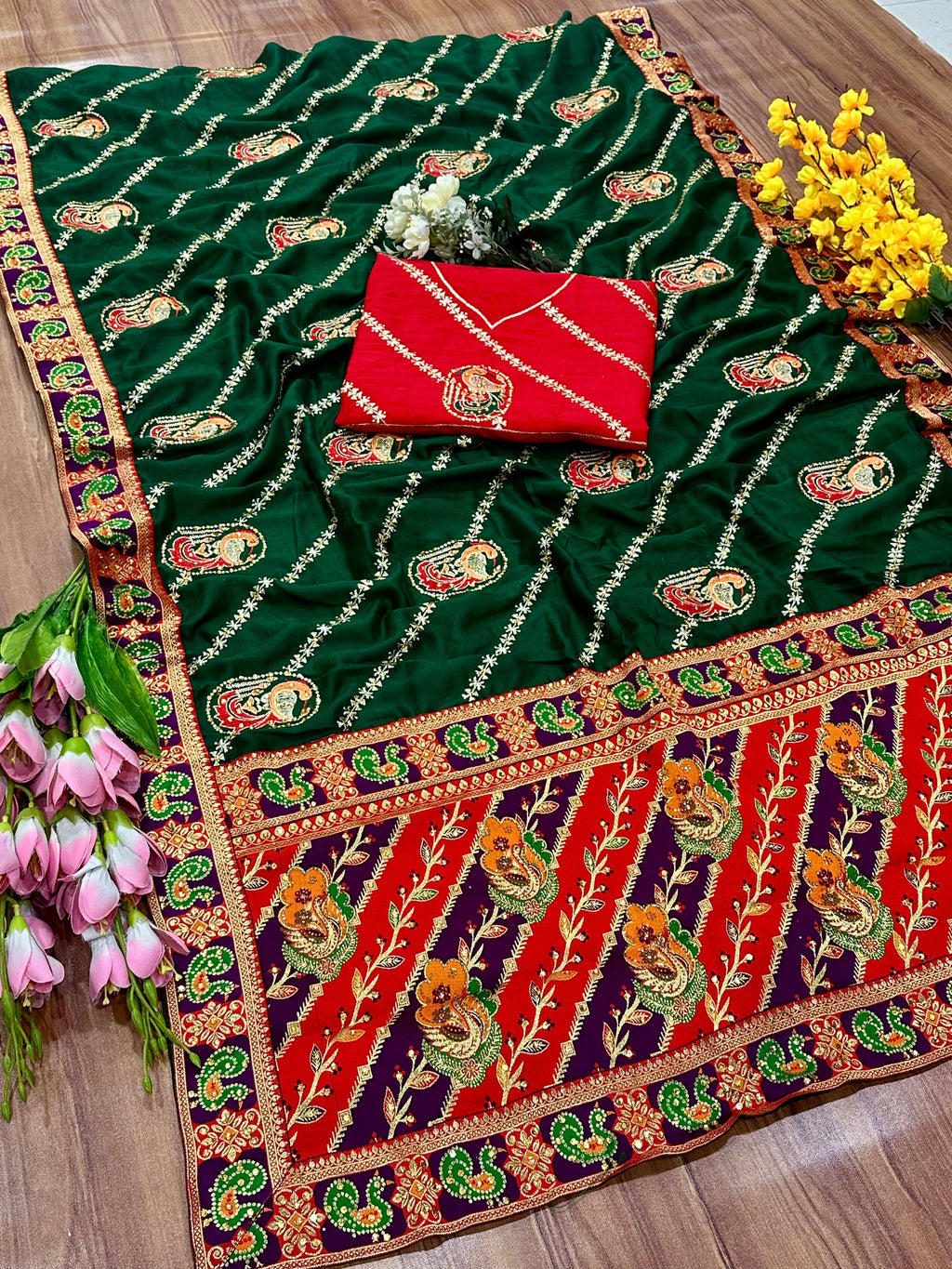 Dola Silk Saree with Diamond Work and Jacquard Border