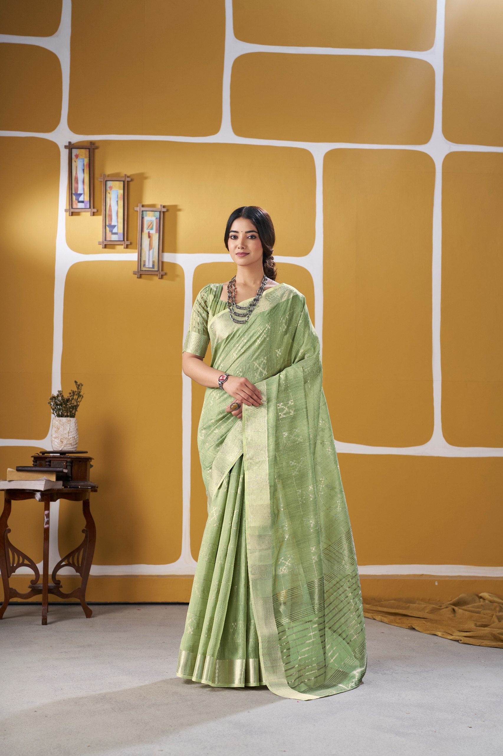 Premium Linen Cotton Silk Saree with Gold Zari Design