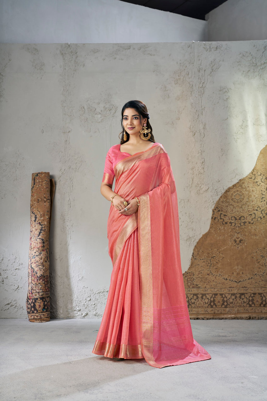Rich Gold Zari Weaving Soft Linen Cotton Silk Saree