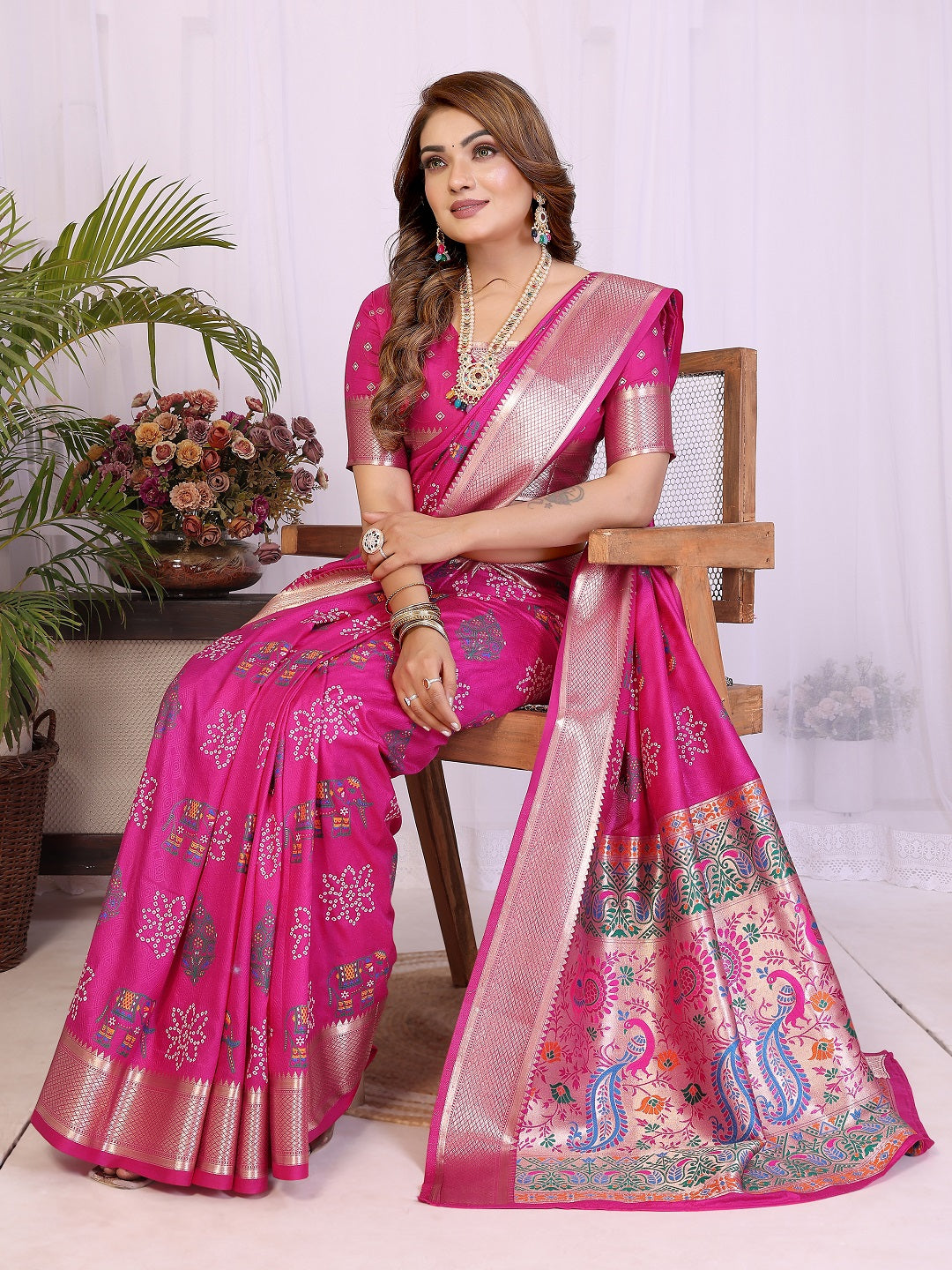 Dola Silk Bandhej Khadi Print Saree with Kanchi Border