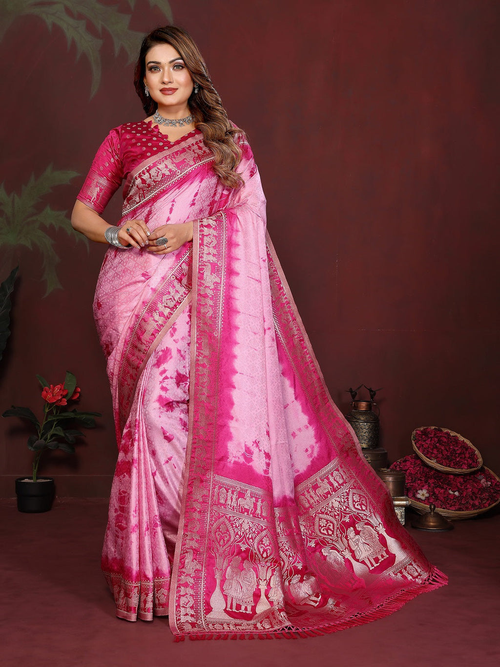Sibori Bandhej Soft Satin Silk Zari Border Saree