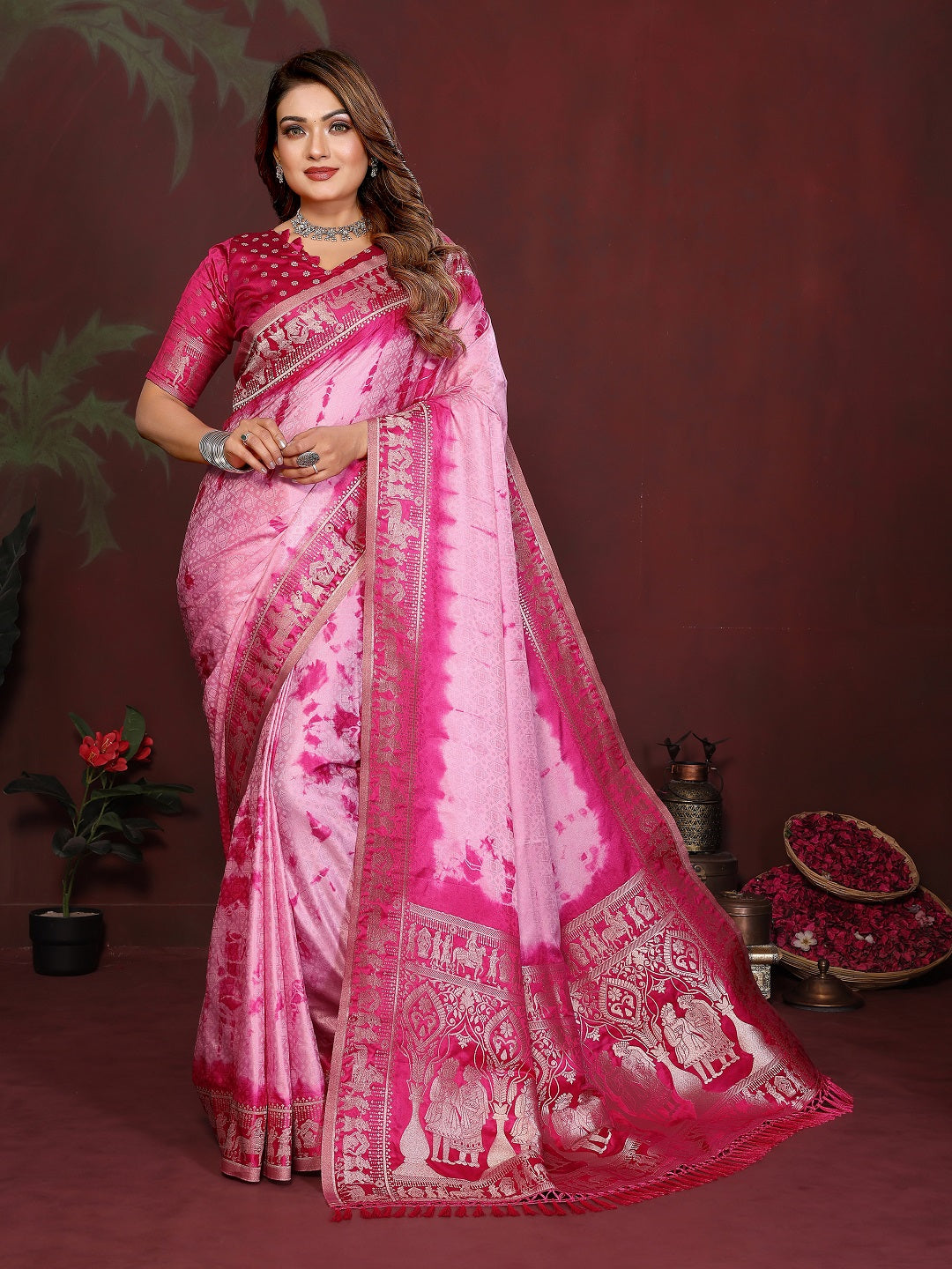 Sibori Bandhej Soft Satin Silk Zari Border Saree