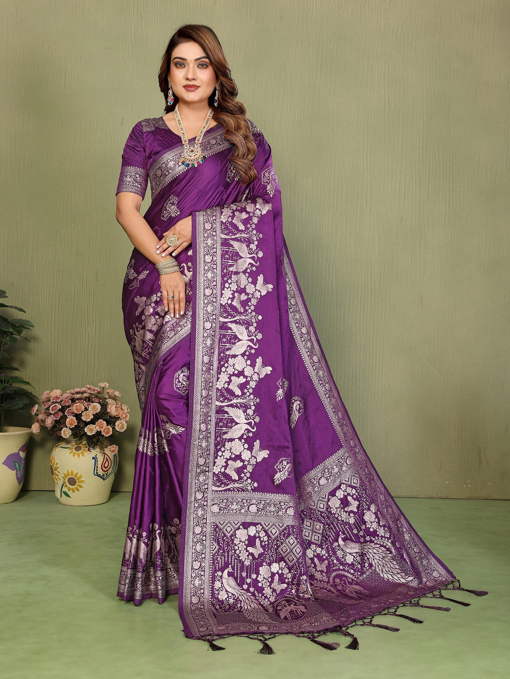 Zari Butta and Contrast Border Handloom Satin Silk Saree