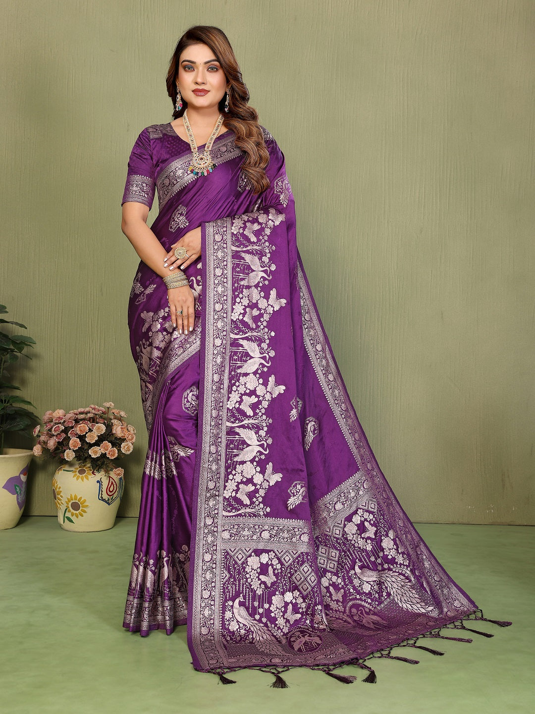 Zari Butta and Contrast Border Handloom Satin Silk Saree